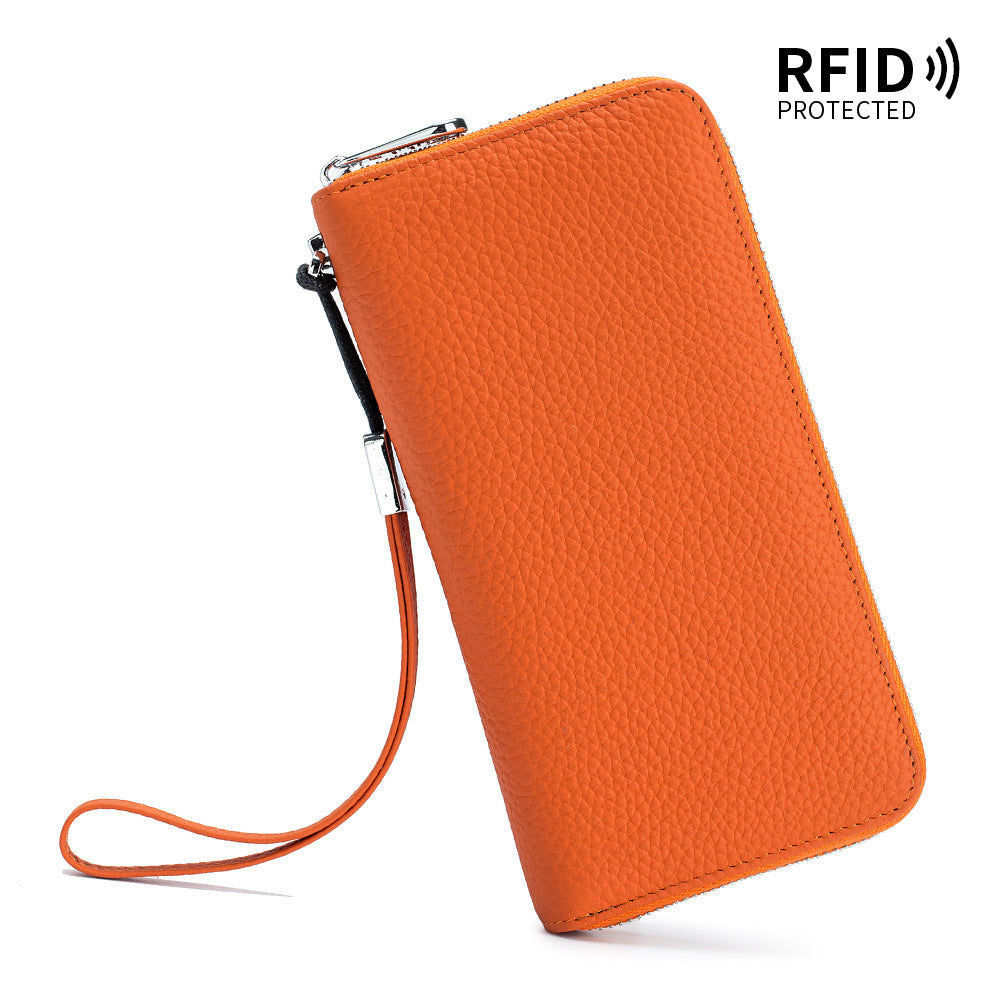 Women's Wallet Long Genuine Leather RFID Top Layer Cowhide Clutch Soft Leather Simple Wallet Mobile Phone Bag Men's Cross-border