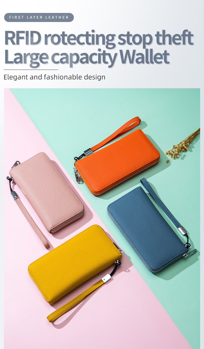 Women's Wallet Long Genuine Leather RFID Top Layer Cowhide Clutch Soft Leather Simple Wallet Mobile Phone Bag Men's Cross-border