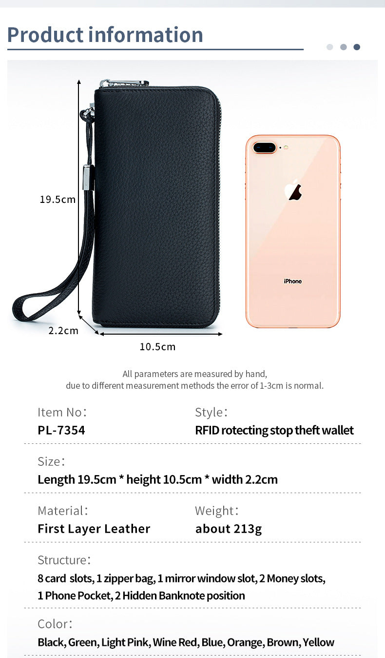 Women's Wallet Long Genuine Leather RFID Top Layer Cowhide Clutch Soft Leather Simple Wallet Mobile Phone Bag Men's Cross-border
