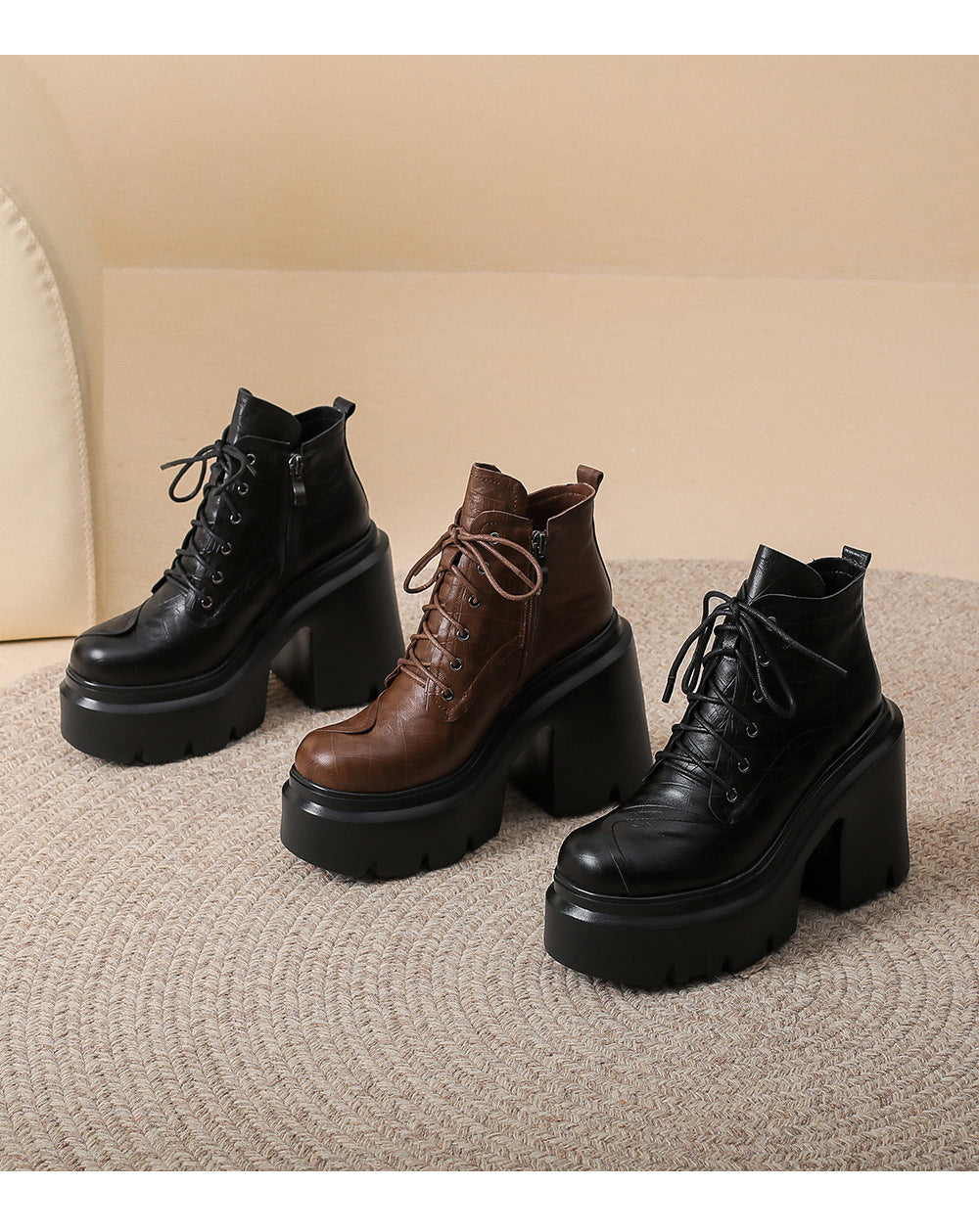 12cm Vintage Thick-soled Super High-heeled Martin Boots Women's British-style Genuine Leather Ankle Boots Small Thick Heel Lace-up Single Boots