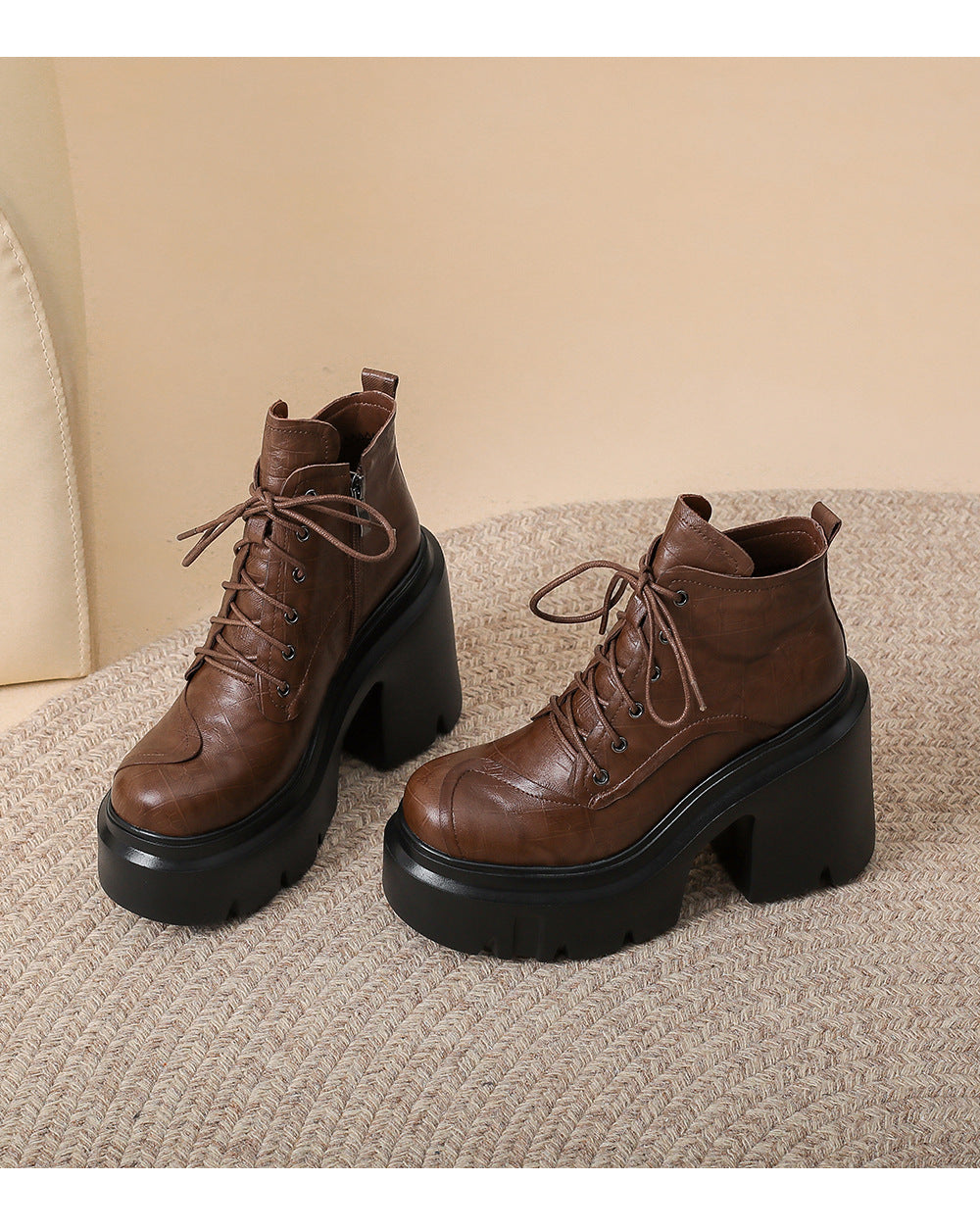 12cm Vintage Thick-soled Super High-heeled Martin Boots Women's British-style Genuine Leather Ankle Boots Small Thick Heel Lace-up Single Boots