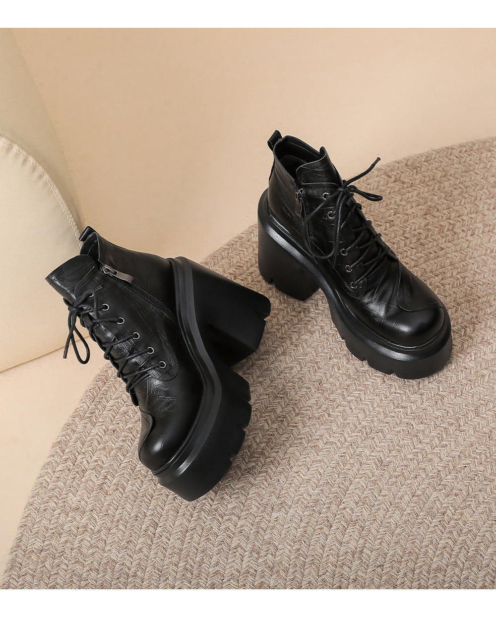 12cm Vintage Thick-soled Super High-heeled Martin Boots Women's British-style Genuine Leather Ankle Boots Small Thick Heel Lace-up Single Boots