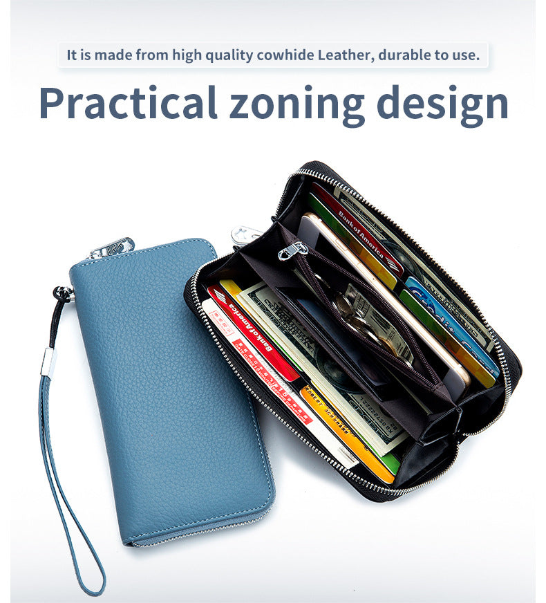 Women's Wallet Long Genuine Leather RFID Top Layer Cowhide Clutch Soft Leather Simple Wallet Mobile Phone Bag Men's Cross-border