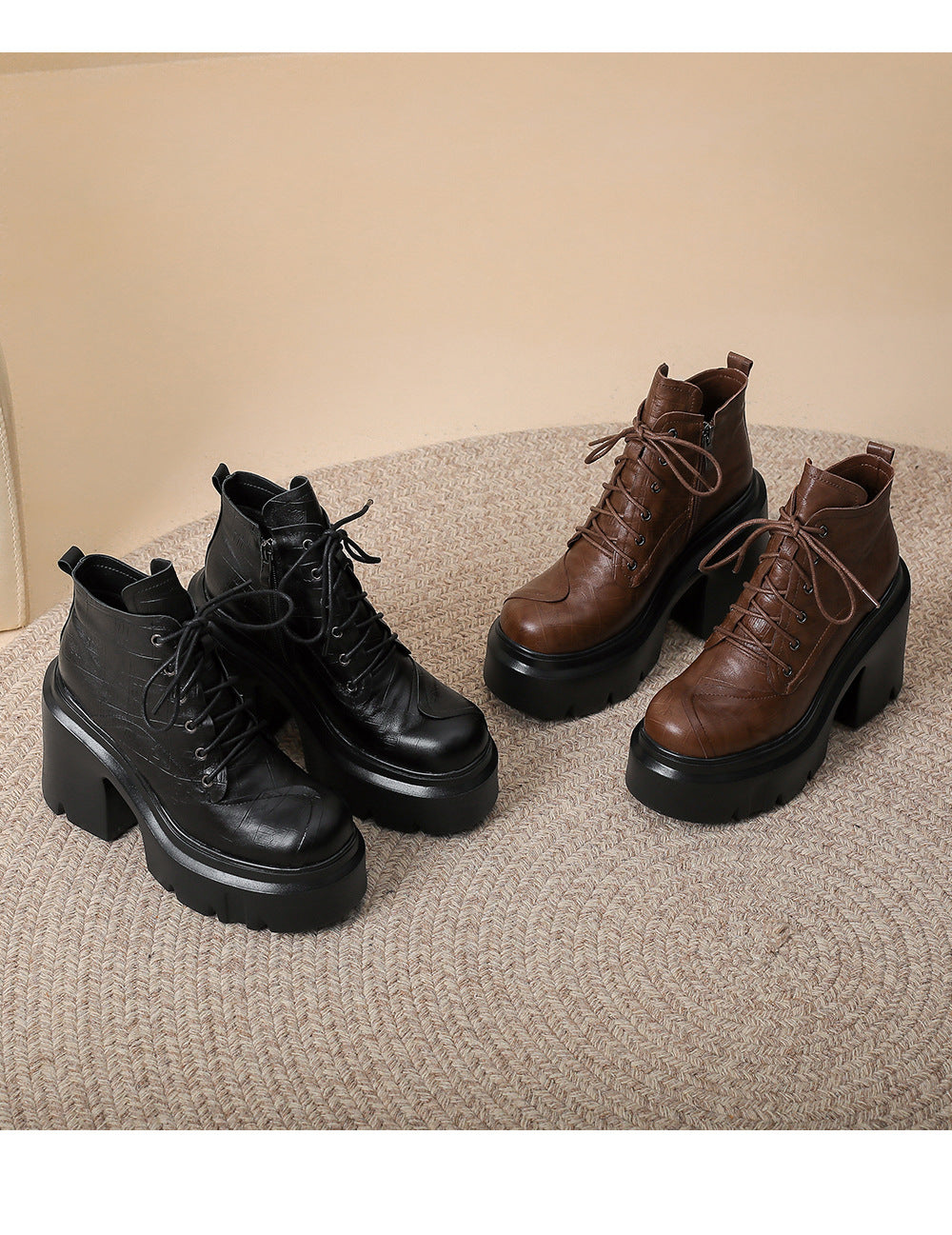 12cm Vintage Thick-soled Super High-heeled Martin Boots Women's British-style Genuine Leather Ankle Boots Small Thick Heel Lace-up Single Boots