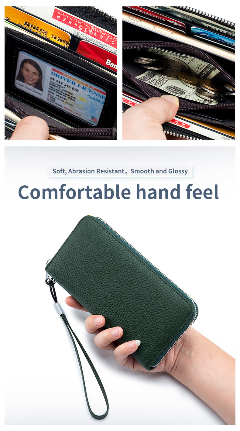 Women's Wallet Long Genuine Leather RFID Top Layer Cowhide Clutch Soft Leather Simple Wallet Mobile Phone Bag Men's Cross-border