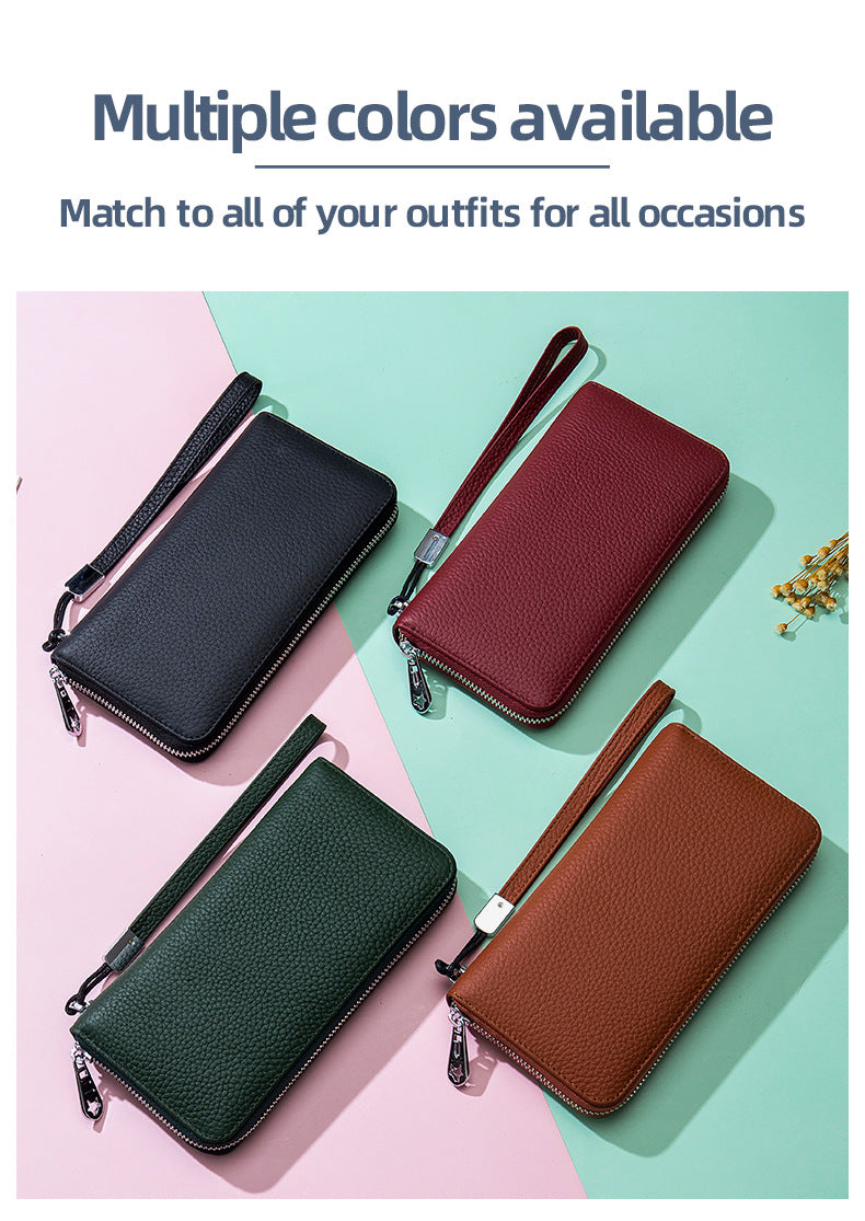 Women's Wallet Long Genuine Leather RFID Top Layer Cowhide Clutch Soft Leather Simple Wallet Mobile Phone Bag Men's Cross-border