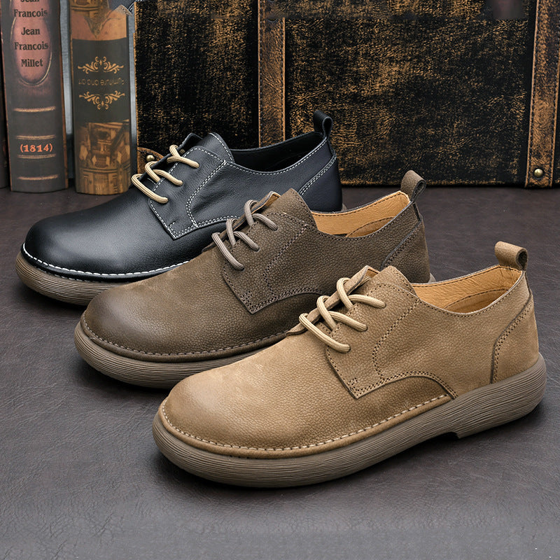 Men's Retro Leather Shoes Casual Leather Shoes Men's Easy-to-Wear British Style Soft Leather Wide Toe Lace-Up Leather Shoes