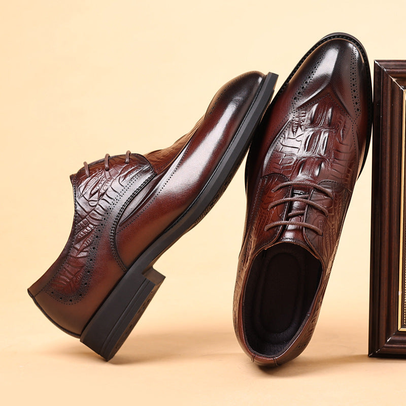 Men's First Layer Cowhide Leather Shoes British Style Leather Shoes Brogue Carved Shoes Crocodile Pattern Men's Business Formal Leather Shoes