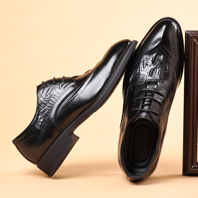 Men's First Layer Cowhide Leather Shoes British Style Leather Shoes Brogue Carved Shoes Crocodile Pattern Men's Business Formal Leather Shoes