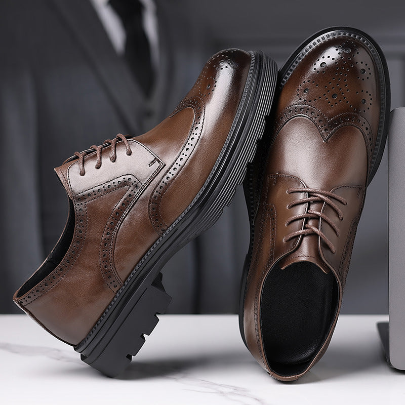 Men's Leather Shoes Genuine Leather New Dress Brock Leather Shoes High Sense Business British Thick Sole Men's Top Layer Cowhide