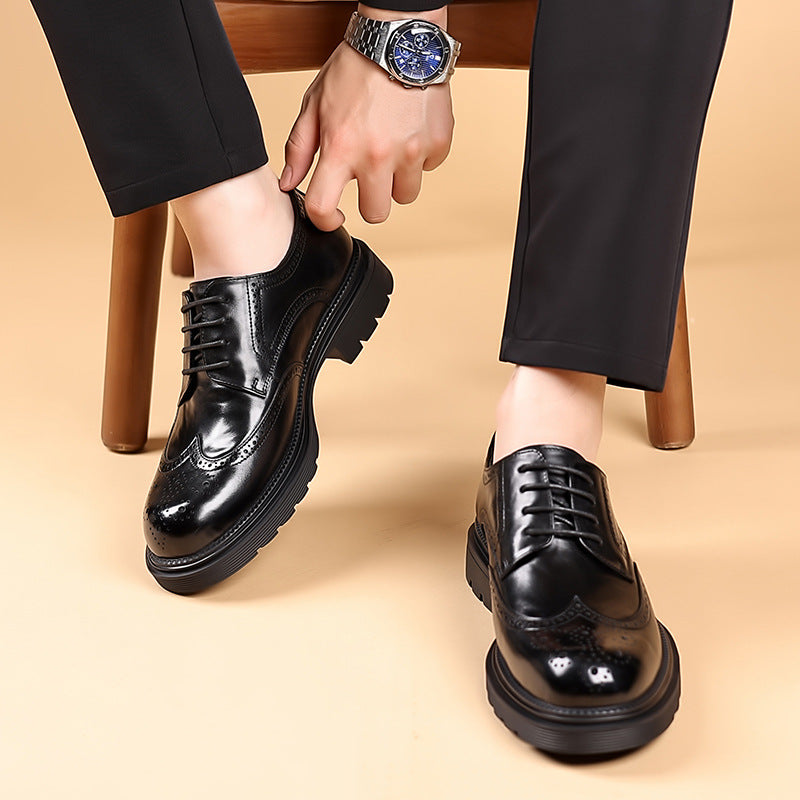 Men's Leather Shoes Genuine Leather New Dress Brock Leather Shoes High Sense Business British Thick Sole Men's Top Layer Cowhide