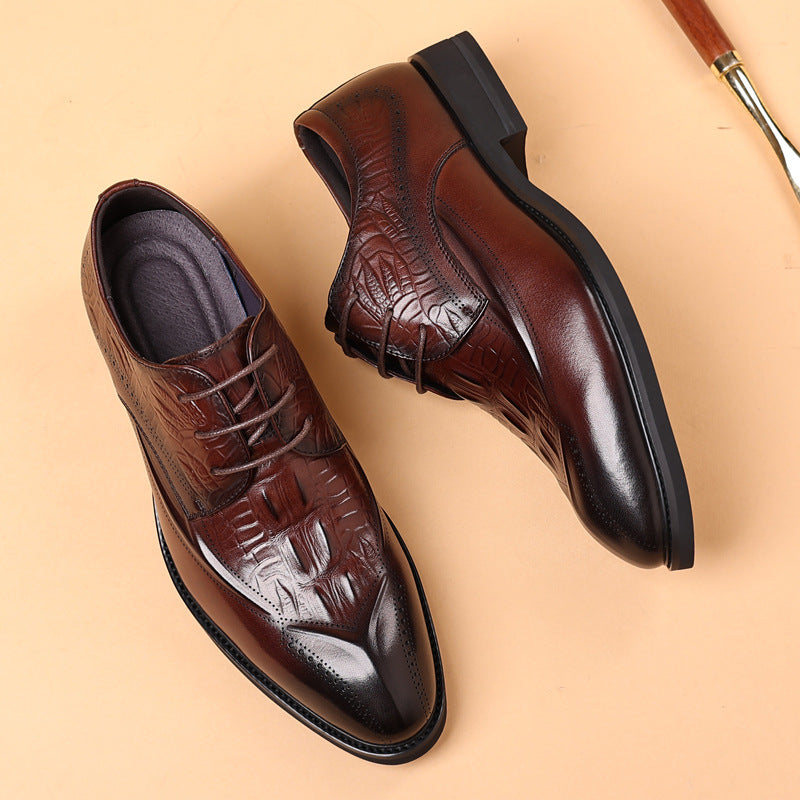 Men's First Layer Cowhide Leather Shoes British Style Leather Shoes Brogue Carved Shoes Crocodile Pattern Men's Business Formal Leather Shoes