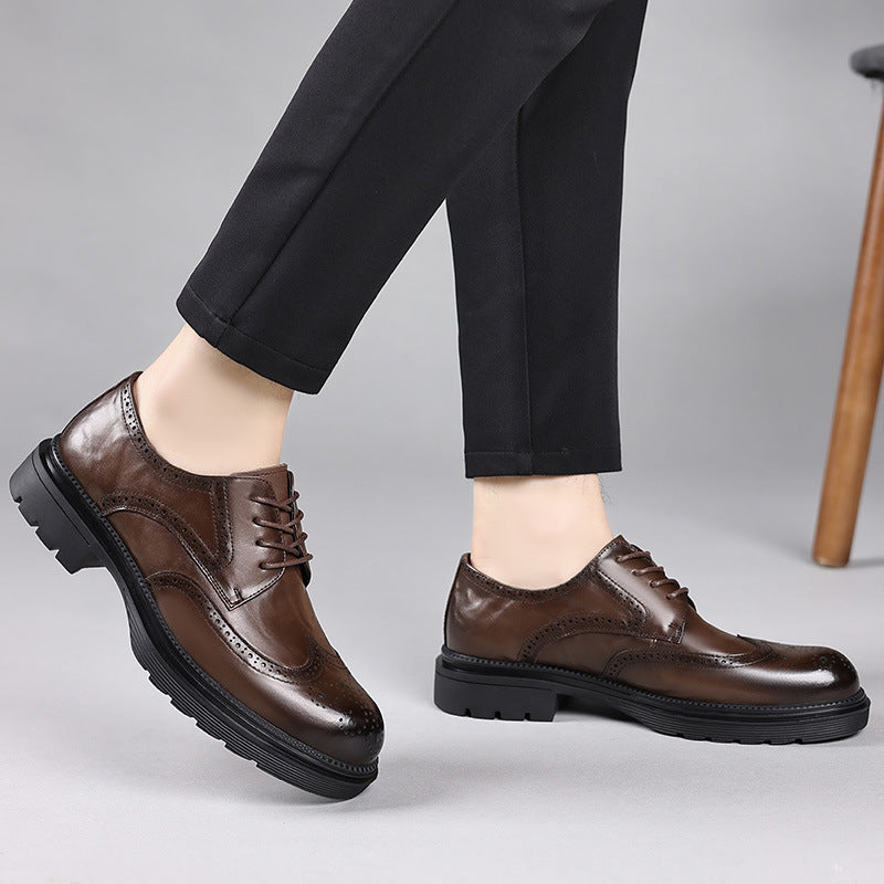 Men's Leather Shoes Genuine Leather New Dress Brock Leather Shoes High Sense Business British Thick Sole Men's Top Layer Cowhide