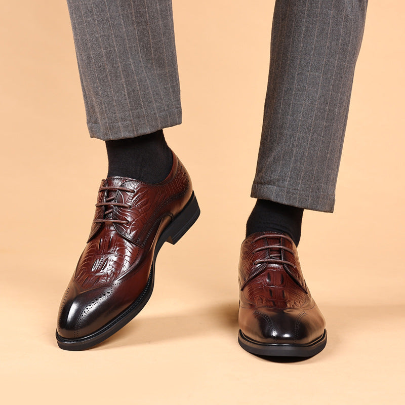 Men's First Layer Cowhide Leather Shoes British Style Leather Shoes Brogue Carved Shoes Crocodile Pattern Men's Business Formal Leather Shoes