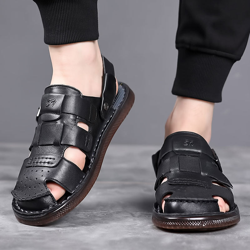 Sandals Summer Men's Genuine Leather Hooded Sandals Men's Outfit Dual-purpose Non-slip Cowhide Sandals Men's Slippers For Driving