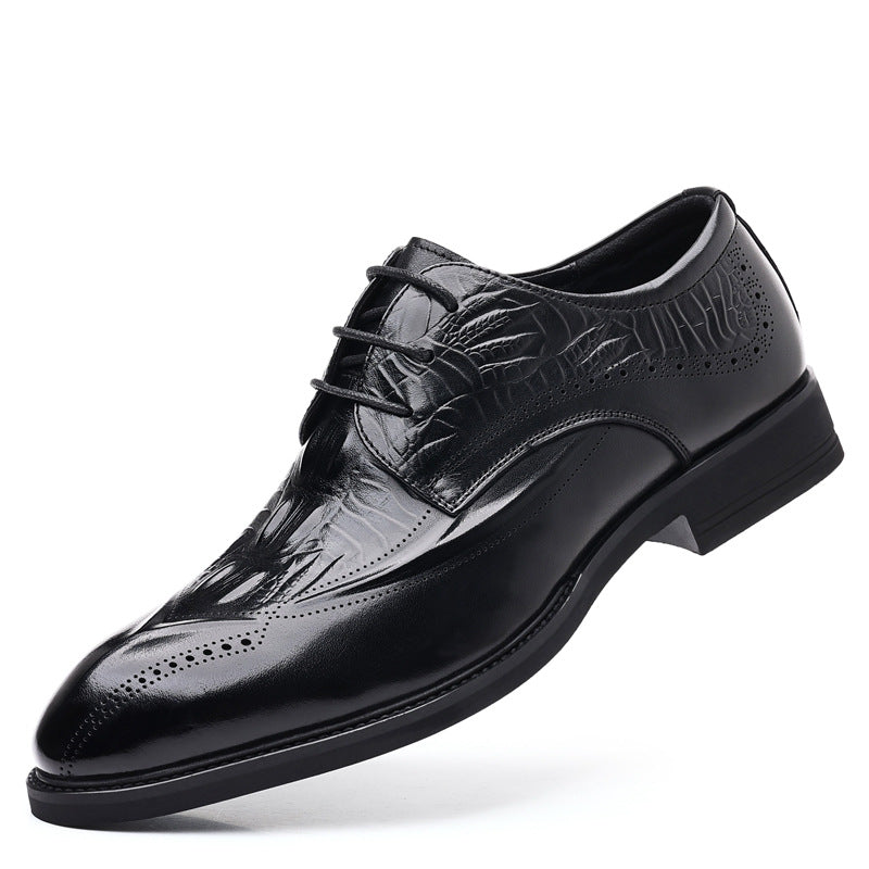 Men's First Layer Cowhide Leather Shoes British Style Leather Shoes Brogue Carved Shoes Crocodile Pattern Men's Business Formal Leather Shoes