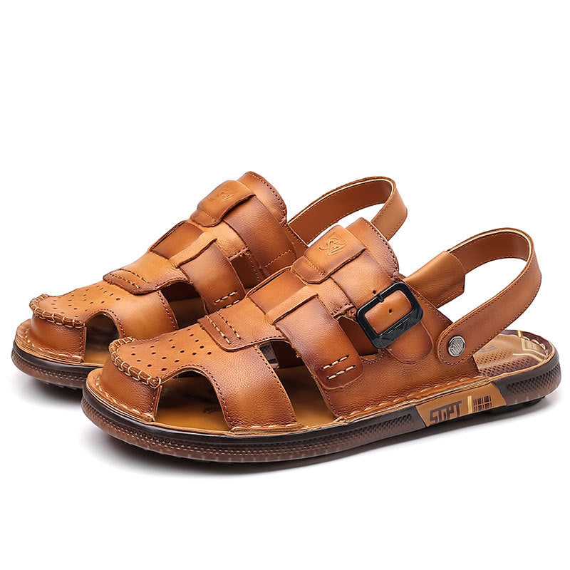 Sandals Summer Men's Genuine Leather Hooded Sandals Men's Outfit Dual-purpose Non-slip Cowhide Sandals Men's Slippers For Driving