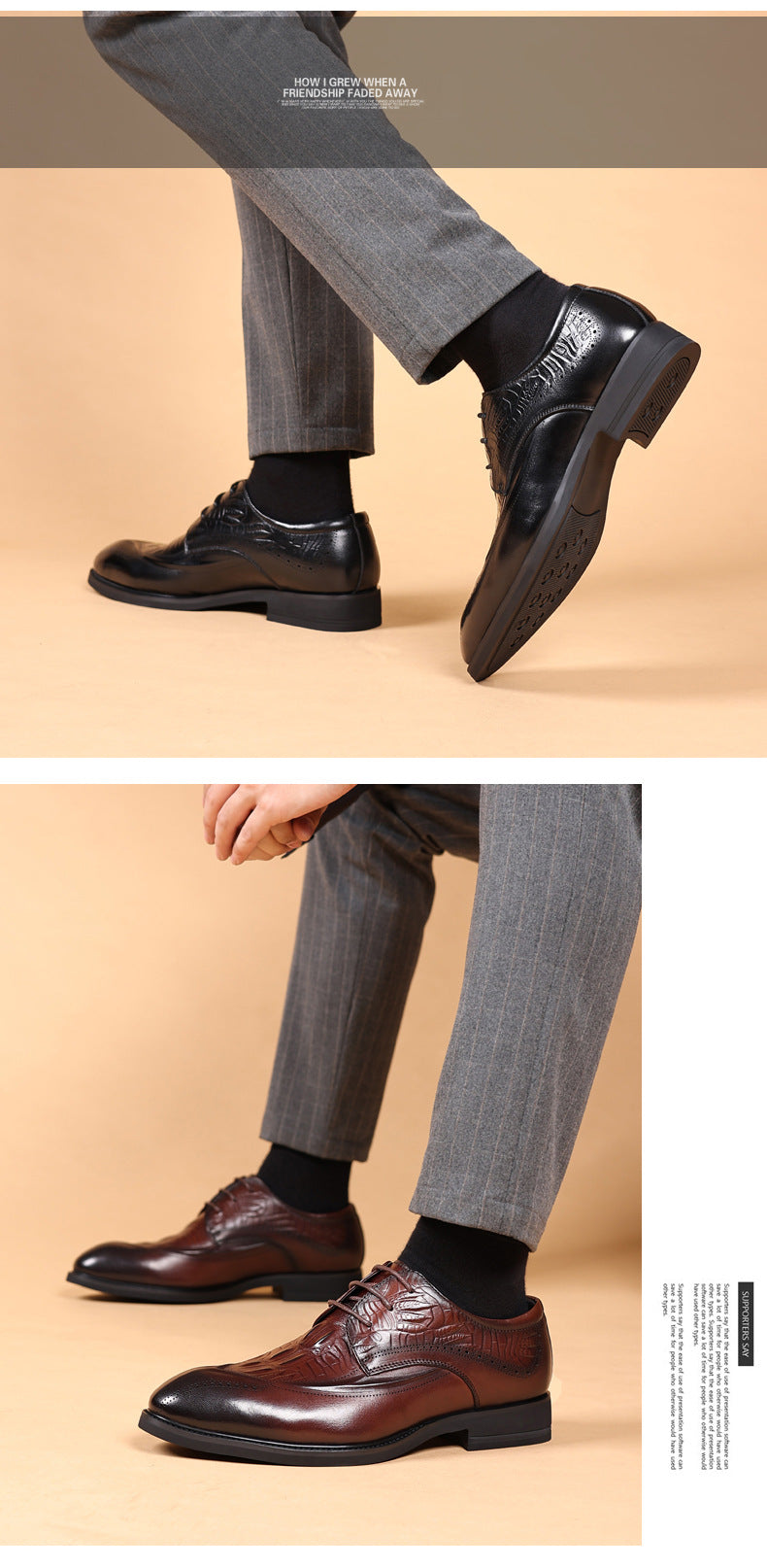 Men's First Layer Cowhide Leather Shoes British Style Leather Shoes Brogue Carved Shoes Crocodile Pattern Men's Business Formal Leather Shoes