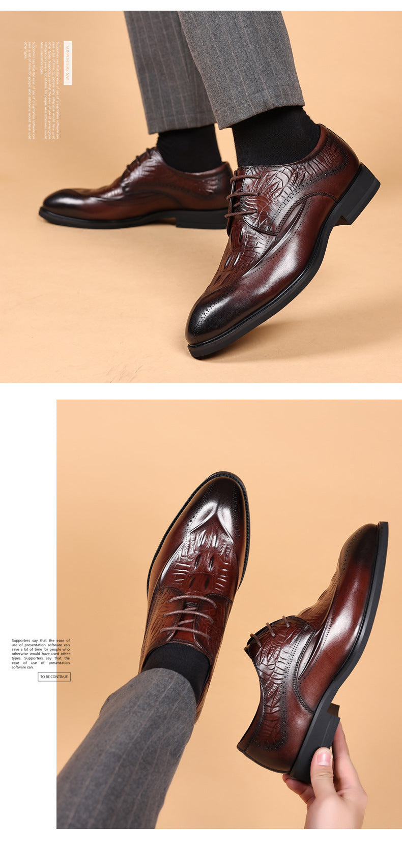 Men's First Layer Cowhide Leather Shoes British Style Leather Shoes Brogue Carved Shoes Crocodile Pattern Men's Business Formal Leather Shoes