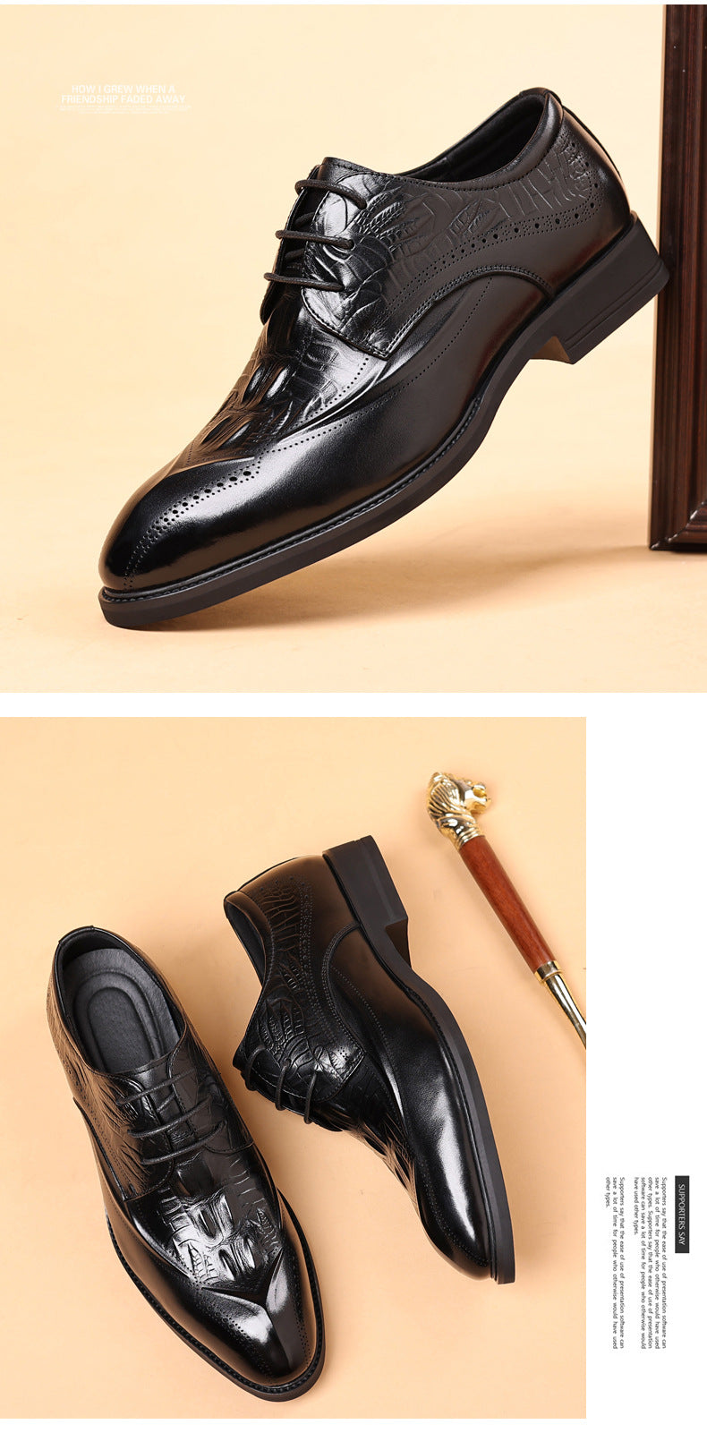 Men's First Layer Cowhide Leather Shoes British Style Leather Shoes Brogue Carved Shoes Crocodile Pattern Men's Business Formal Leather Shoes