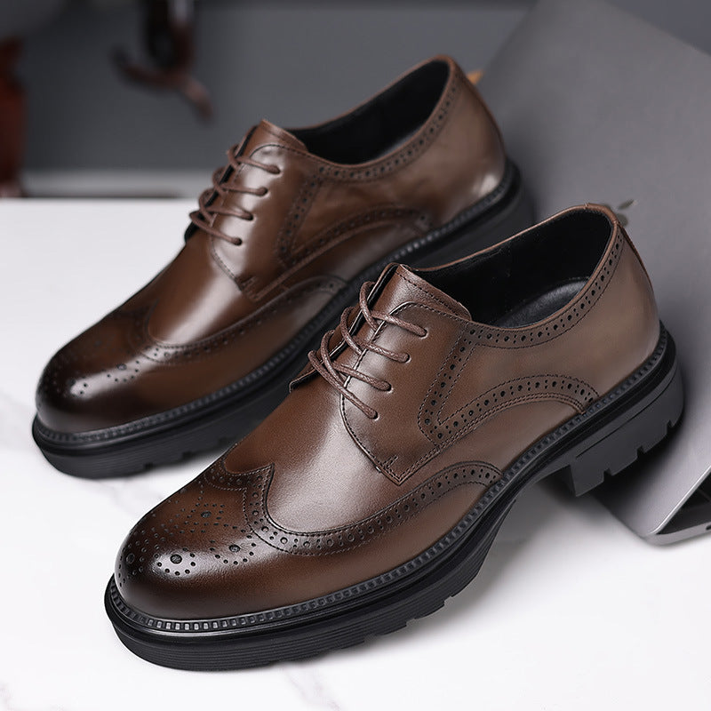 Men's Leather Shoes Genuine Leather New Dress Brock Leather Shoes High Sense Business British Thick Sole Men's Top Layer Cowhide