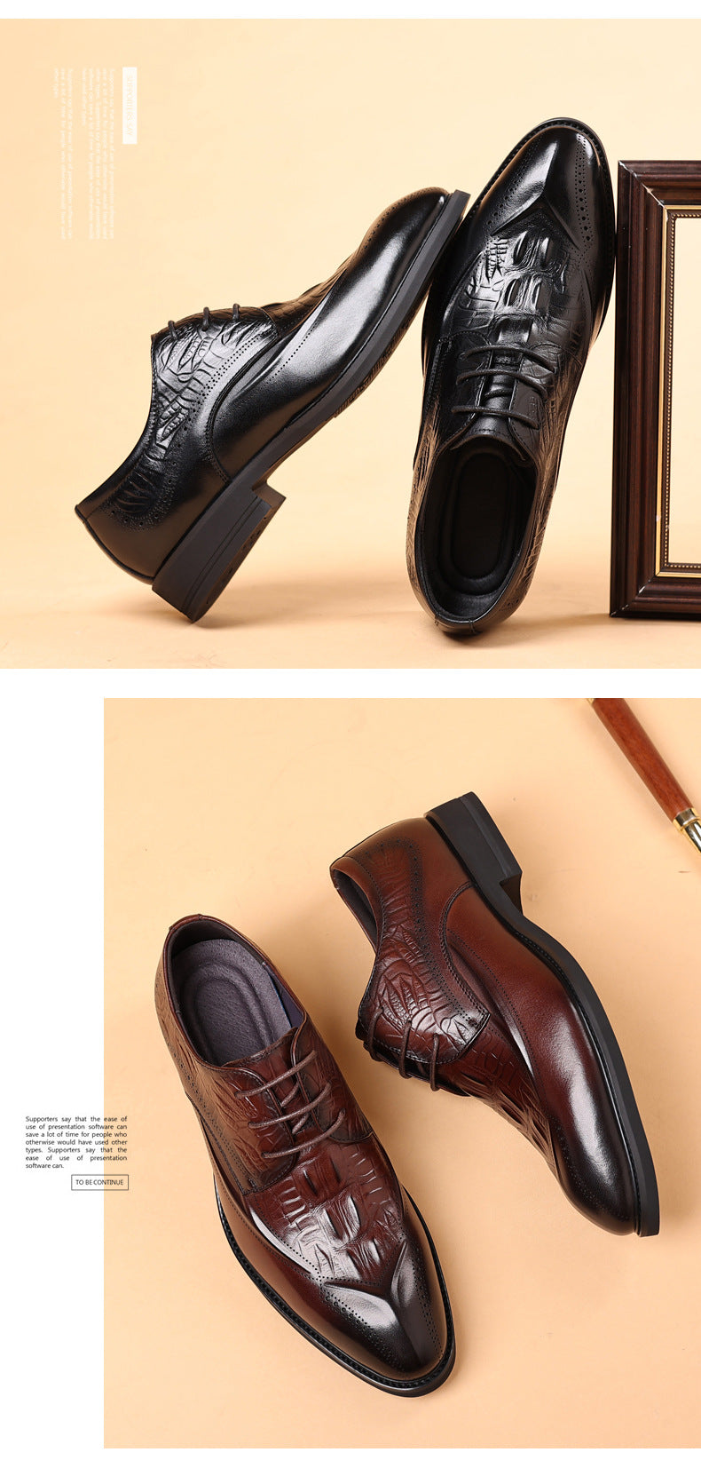 Men's First Layer Cowhide Leather Shoes British Style Leather Shoes Brogue Carved Shoes Crocodile Pattern Men's Business Formal Leather Shoes