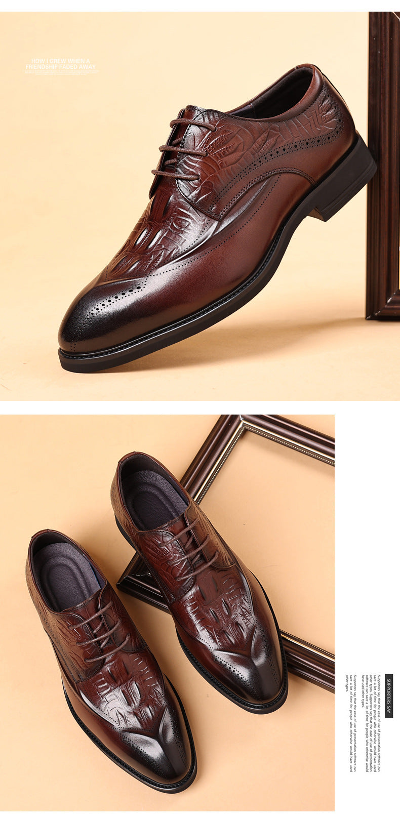 Men's First Layer Cowhide Leather Shoes British Style Leather Shoes Brogue Carved Shoes Crocodile Pattern Men's Business Formal Leather Shoes