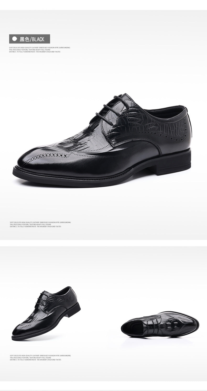 Men's First Layer Cowhide Leather Shoes British Style Leather Shoes Brogue Carved Shoes Crocodile Pattern Men's Business Formal Leather Shoes