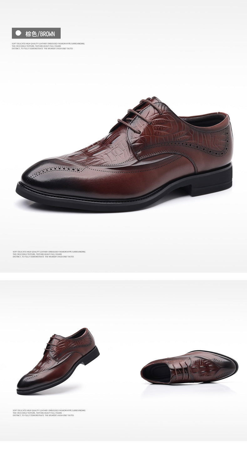Men's First Layer Cowhide Leather Shoes British Style Leather Shoes Brogue Carved Shoes Crocodile Pattern Men's Business Formal Leather Shoes