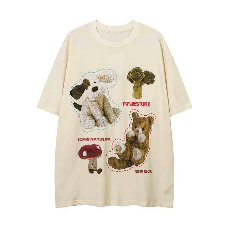 Toy Pattern Round Neck Summer Trendy Streetwear Tee Loose Casual Short Sleeve Cotton High Quality
