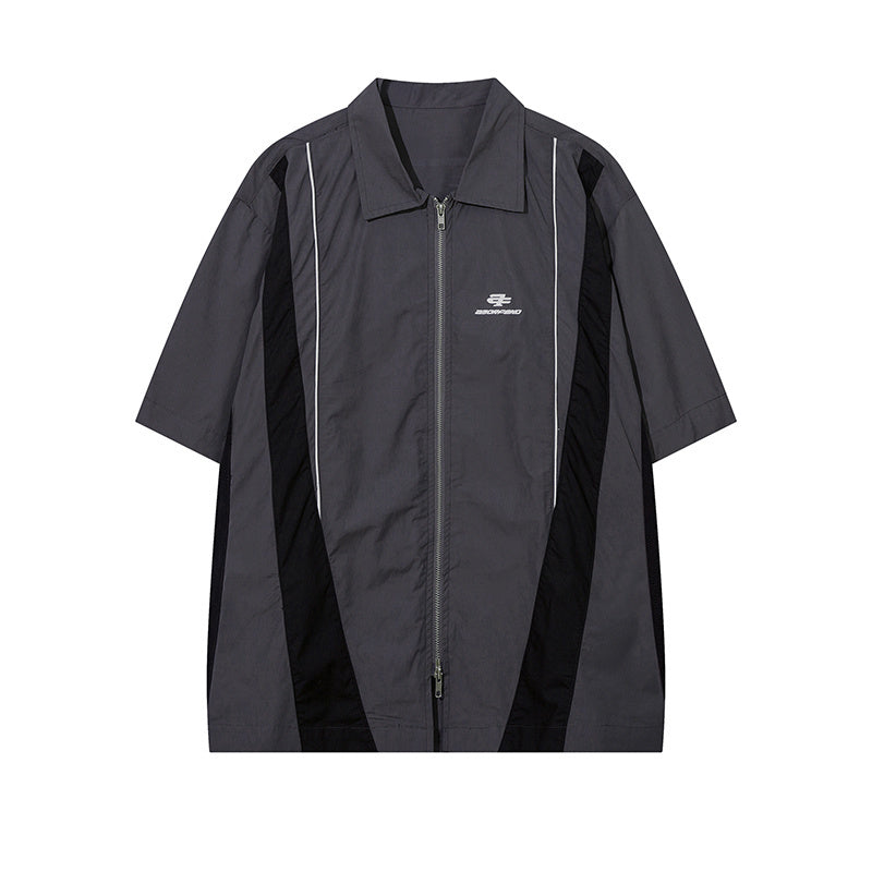 Polo Color Contrast Paneled Streetwear Short Sleeve Summer Casual Fashion Lapel Zipper Letter Print Simple