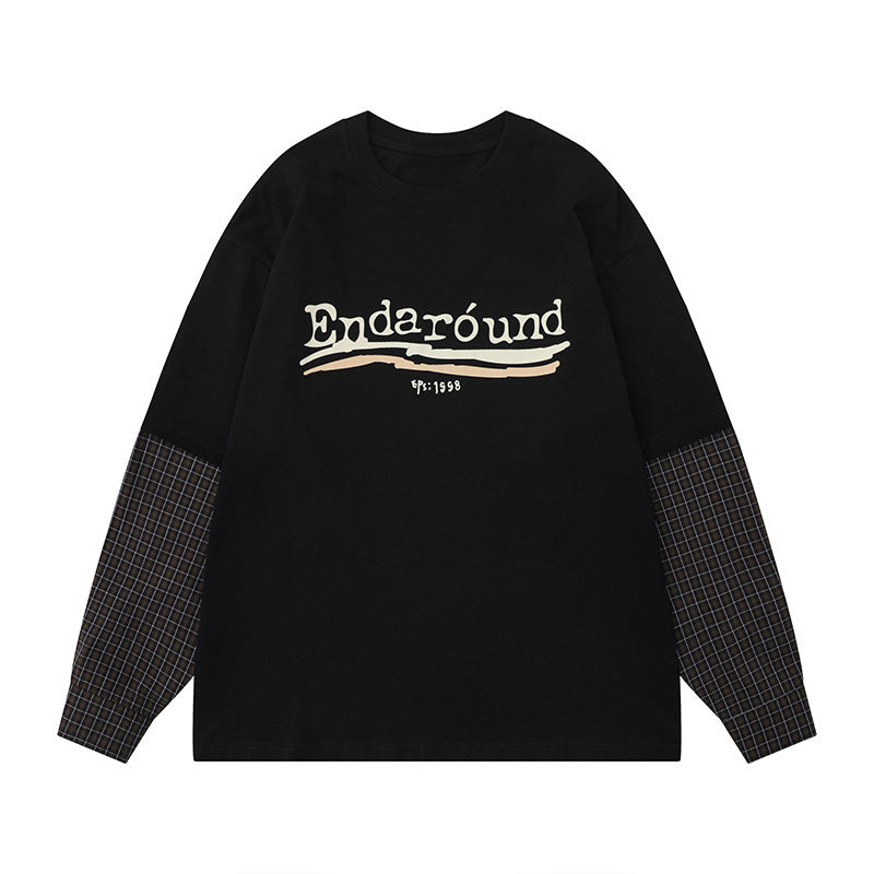 Letter Print Streetwear Round Neck Plaid Patchwork Oversize T Shirts Long Sleeve Casual Summer Cotton