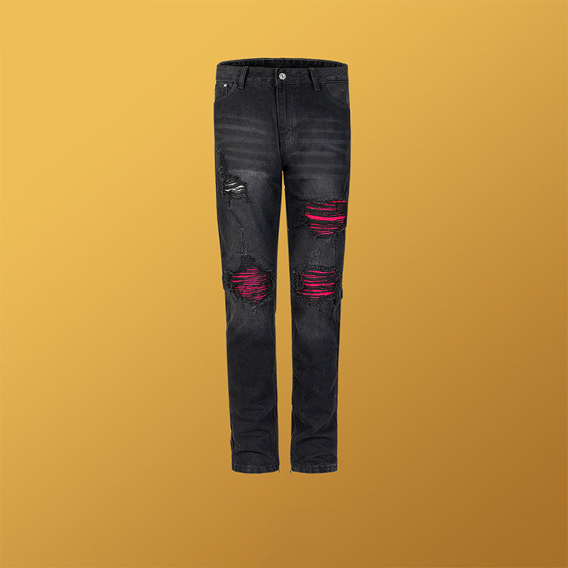Men's Wear Women's Urban High Street Contrast Ripped Pants Men's And Women's Washed Old Zipper Leg Jeans