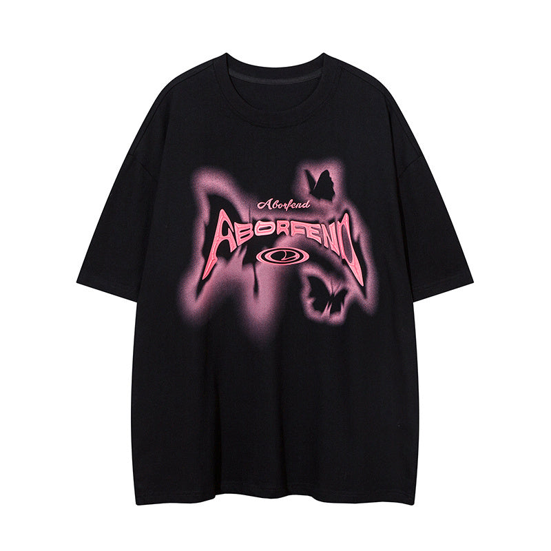 Butterfly Print Streetwear T Shirt Short Sleeve Round Neck Summer Cotton Loose Casual Simple Trendy Tee