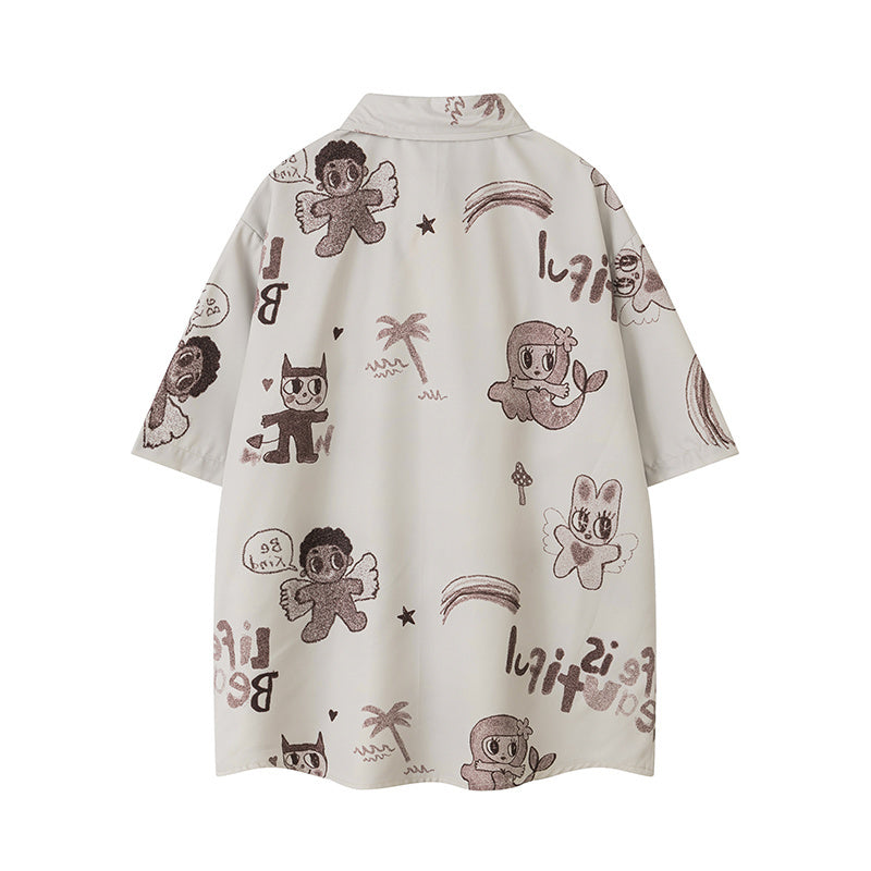 Cartoon Pattern Print Shirts Short Sleeve Loose Button Up Tops Casual Summer Outwear High Quality Fashion Beach