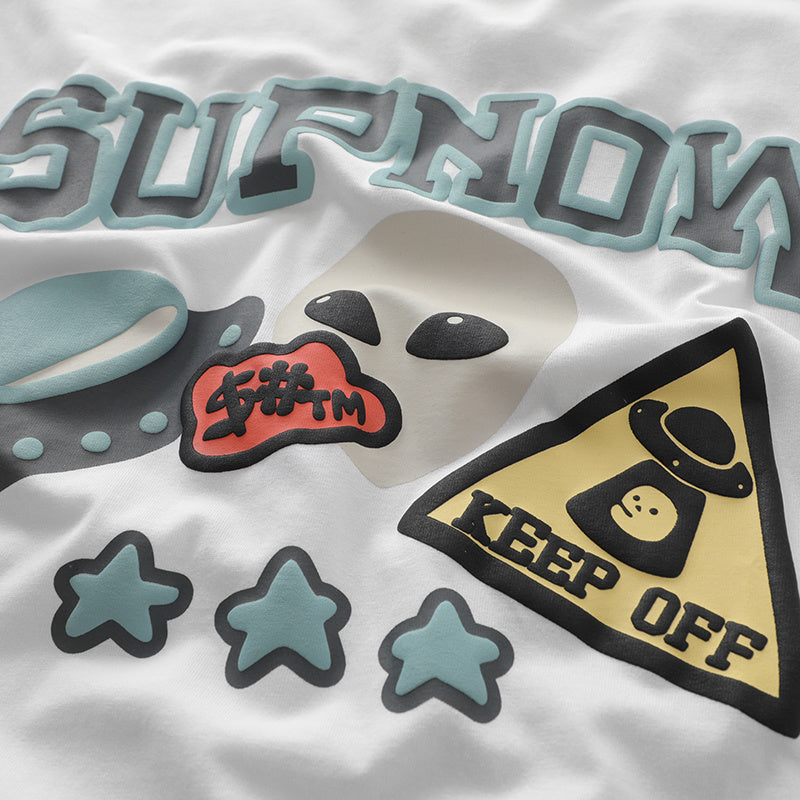 UFO Alien Graphic Print Oversize Tees Fashion T Shirt Pure Cotton Top Short Sleeve Loose Summer Casual Streetwear