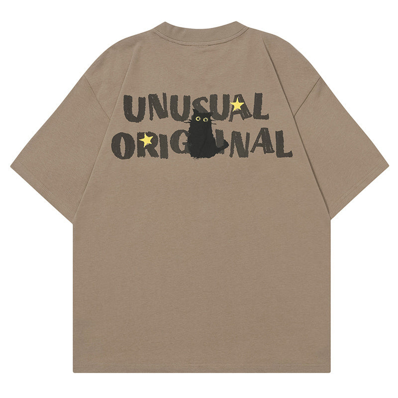 Black Cat Print T Shirt Oversize Tees Fashion Casual Top Short Sleeve Streetwear Pure Cotton Loose Summer
