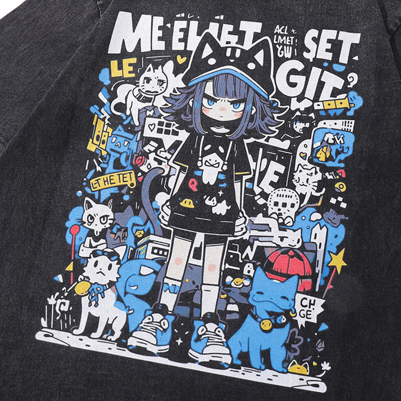 Streetwear T Shirts Vintage Cotton Washed Loose Trendy Cartoon Girl Print Tee Short Sleeve Casual O Neck Summer