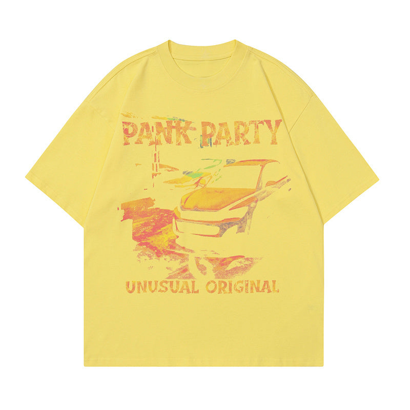 Car Print T Shirt American Retro Loose Summer Streetwear Short Sleeve Fashion Casual Top