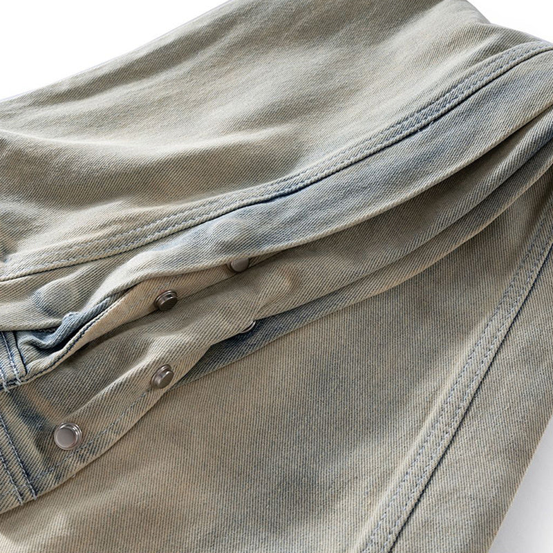 Men's Wear Women's Urban Side Full Opening Button Pants Men's And Women's Washed Distressed Wide-Foot Trendy Jeans