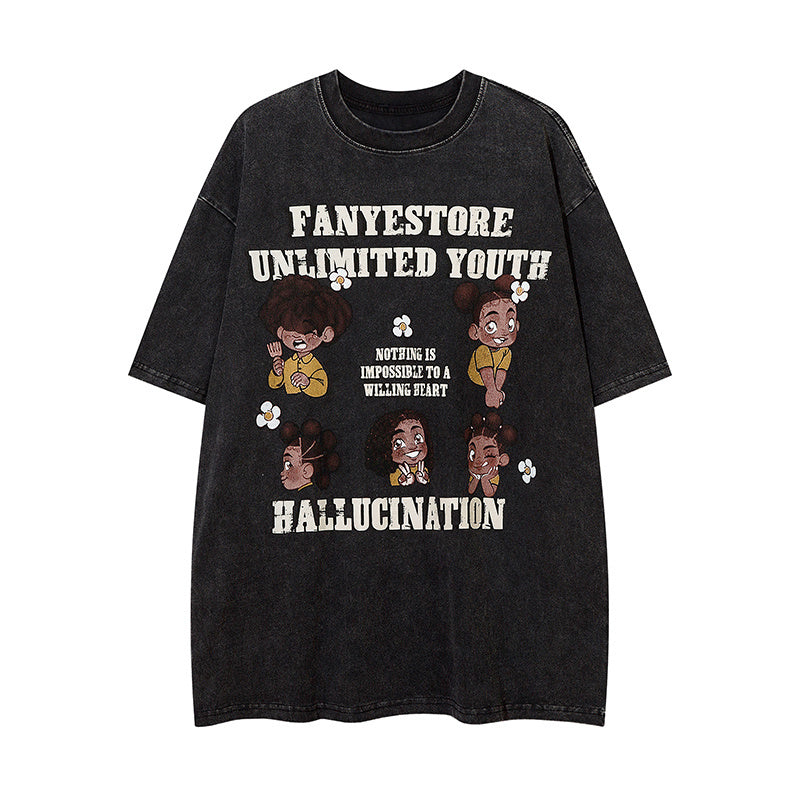 Cotton Cartoon Character Pattern Round Neck Summer Fashion Streetwear Tee Loose Casual Short Sleeve High Quality Washed