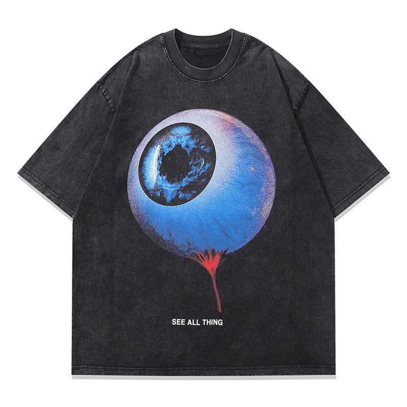Streetwear T Shirts Vintage Cotton Washed Loose Big Eye Graphic Print Tee Short Sleeve Casual O Neck Summer Trendy