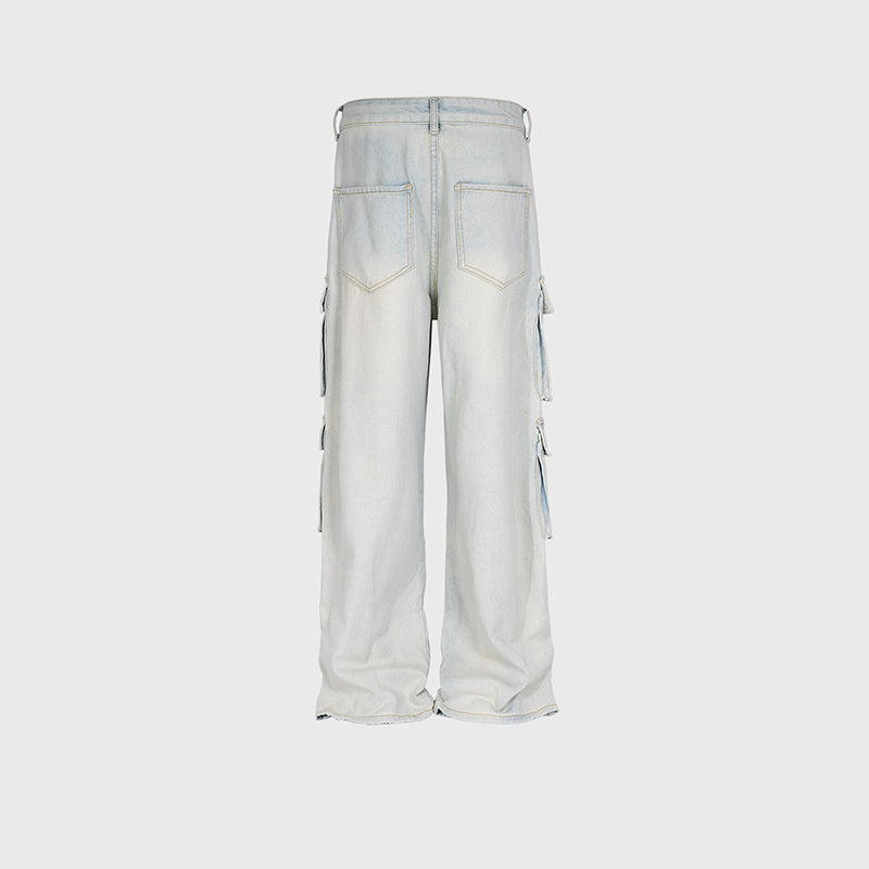 Men's And Women's Straight Pants Unisex Multi-Pocket Cut High Street Wash Old Light Blue Jeans