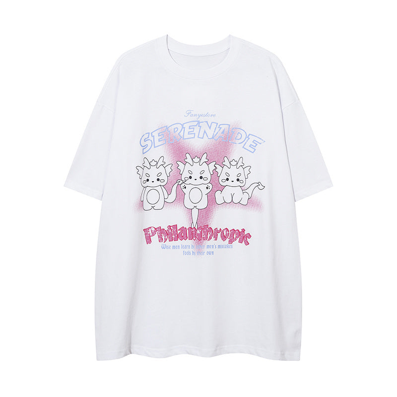 Cartoon Dragon Pattern Cotton Crew Neck Fashion Streetwear Tee Loose Casual High Quality Simple Short Sleeve Summer