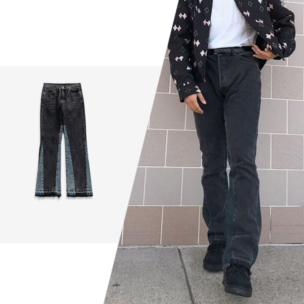 Men's Wear Women's Autumn And Winter Street Cat-beard Pants Remodeled Wide-legged Pants Men's And Women's Contrast Color Stitching Jeans