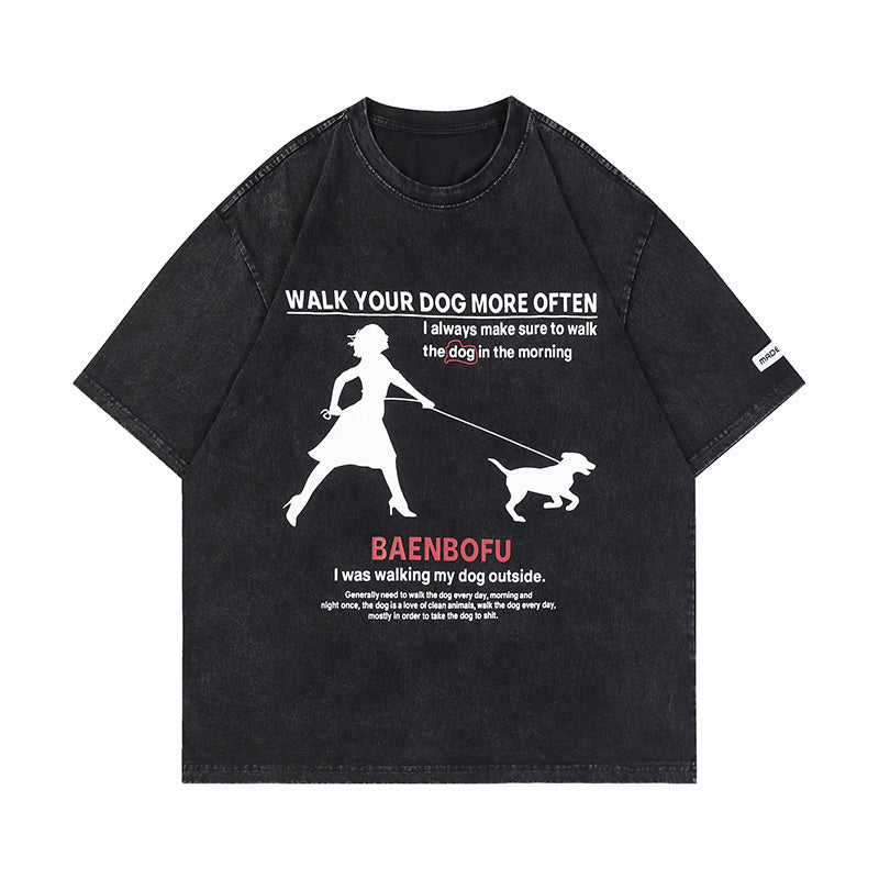 Girl and Cat Print Streetwear T Shirts Oversize Washed Loose Short Sleeve Harajuku Cotton Tee Casual Solid Color