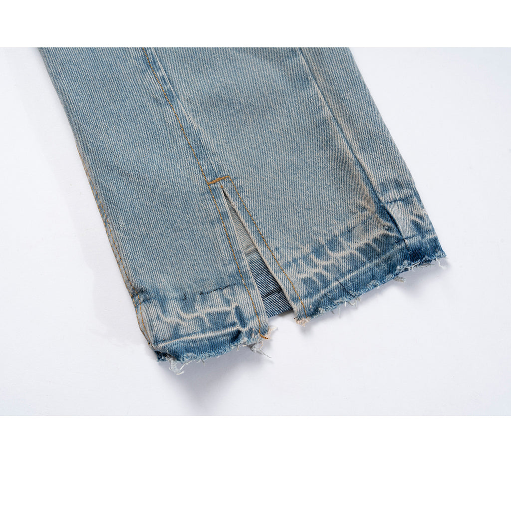 Men's And Women's Spring And Summer Urban Stitching Split Leg Trousers Unisex High Street Cat-beard Blue Jeans
