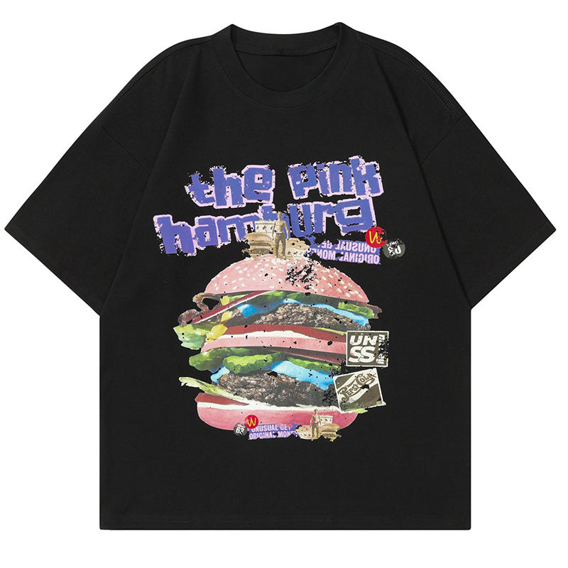 Hamburger Print T Shirt Short Sleeve Pure Cotton Loose Summer Streetwear Oversize Tees Fashion Casual Top