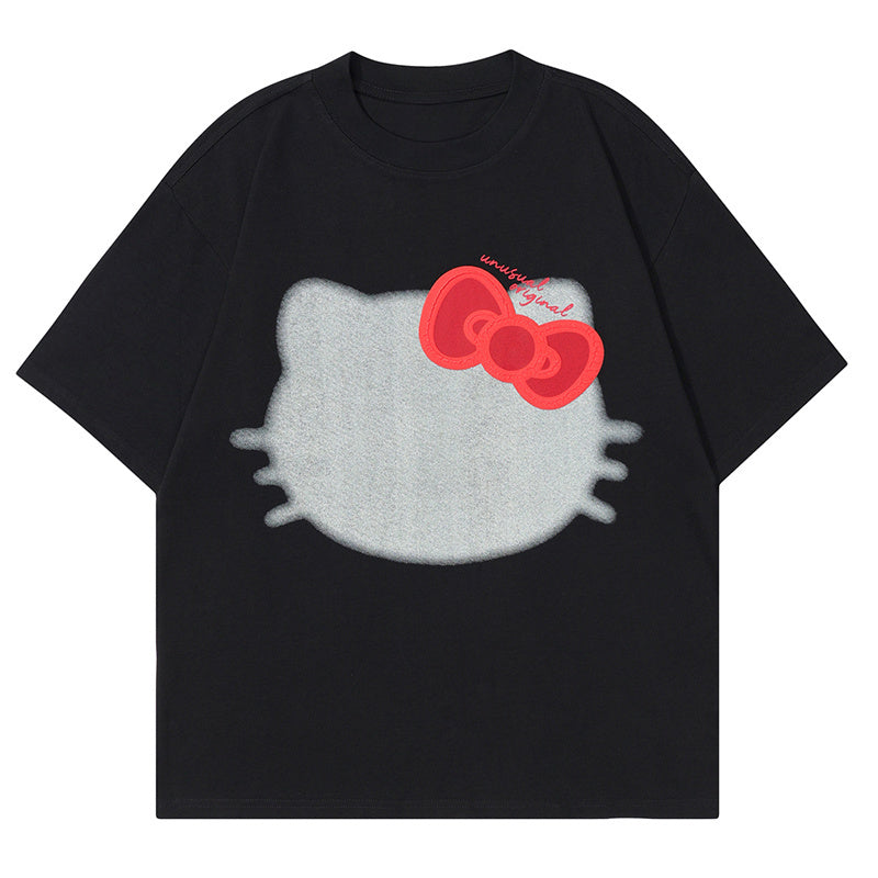 Cartoon Cat Print T Shirt Short Sleeve Pure Cotton Loose Summer Streetwear Oversize Tees Fashion Casual Top
