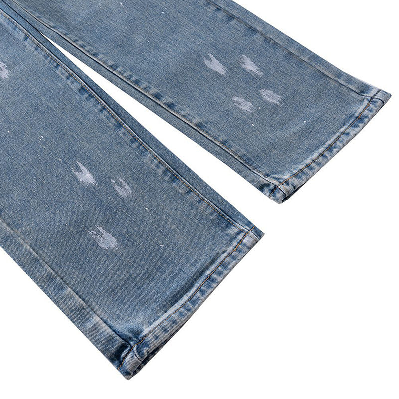Men's Women's Autumn And Winter Urban High Street Paint-splashed Trousers Slim-fit Washed White Distressed Jeans Trendy